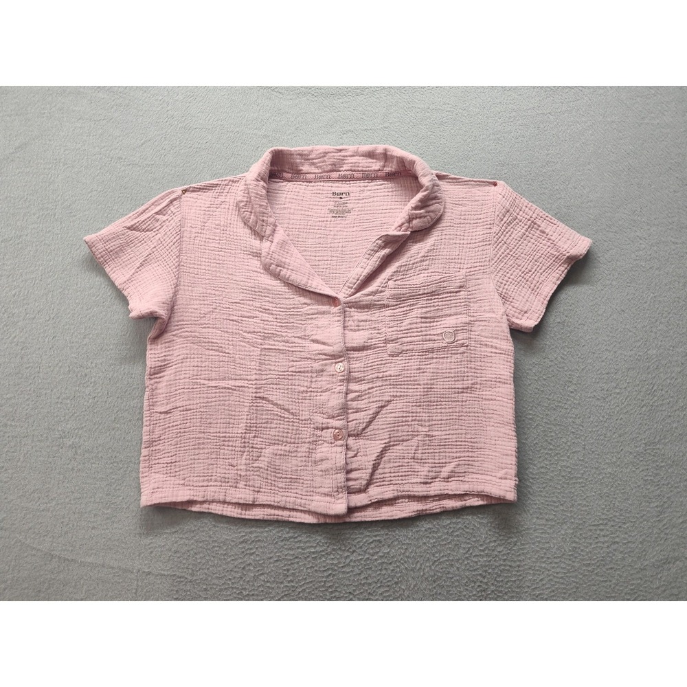 Born Pink Cotton Double Gauze Short Sleeve Button Down Crop Top Shirt Womens M